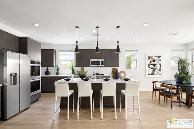 kitchen with a healthy amount of sunlight, stainless steel appliances, and light hardwood / wood-style flooring