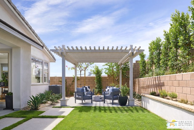 view of yard featuring a pergola, a patio area, central air condition unit, and an outdoor hangout area