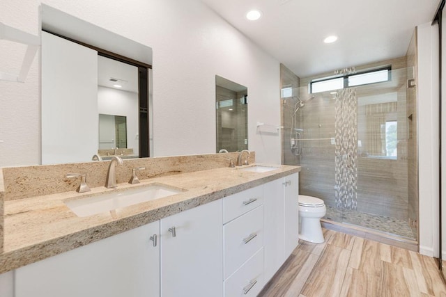 bathroom featuring vanity, toilet, and an enclosed shower