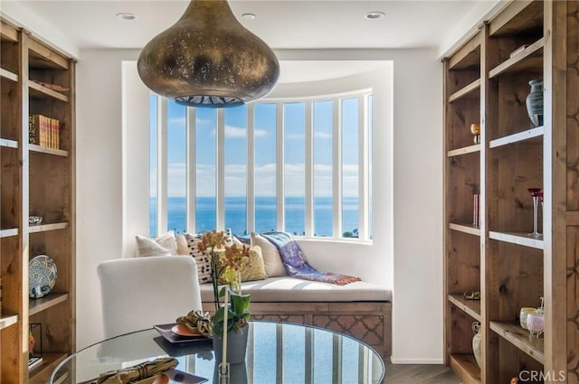 living area with a water view and wood-type flooring