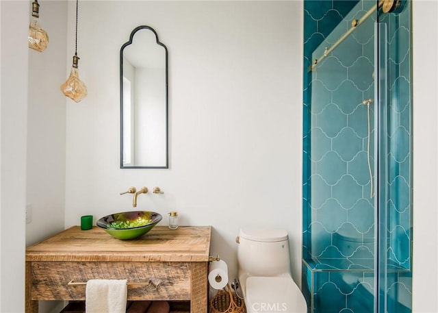 bathroom featuring a shower, vanity, and toilet