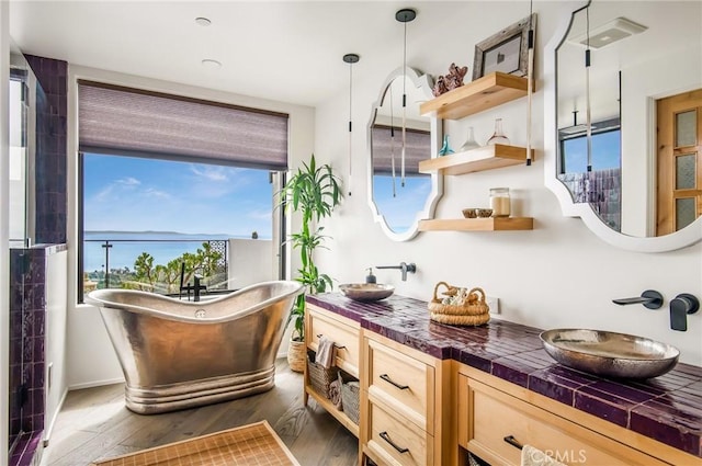 bathroom featuring double vanity, a sink, a soaking tub, and wood finished floors