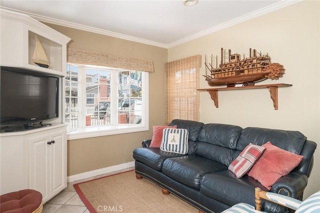 tiled living room with crown molding