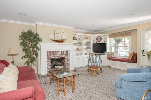 tiled living room featuring crown molding and a fireplace