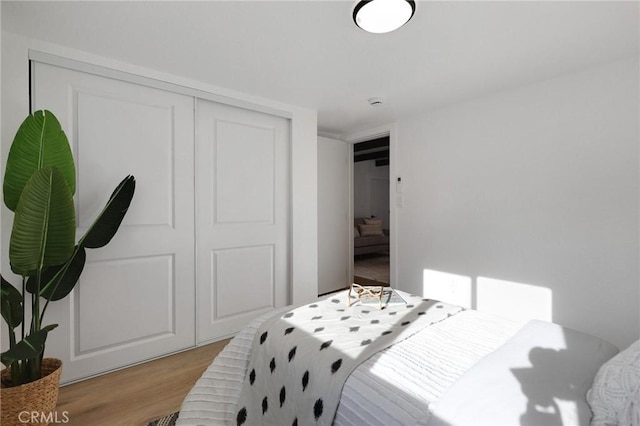 bedroom featuring light wood-type flooring and a closet