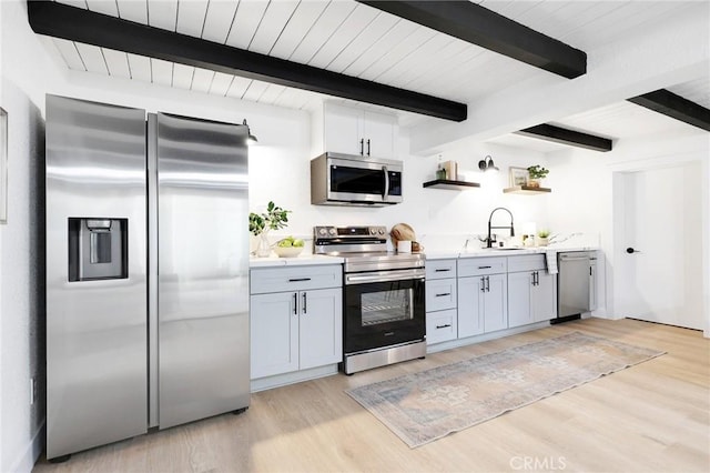 kitchen with beamed ceiling, sink, appliances with stainless steel finishes, and light hardwood / wood-style flooring