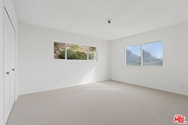 spare room with a textured ceiling and light colored carpet