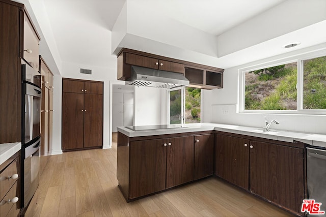 kitchen featuring kitchen peninsula, light hardwood / wood-style flooring, appliances with stainless steel finishes, range hood, and dark brown cabinetry