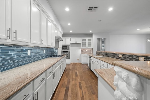 kitchen featuring light stone countertops, appliances with stainless steel finishes, sink, dark hardwood / wood-style floors, and white cabinetry