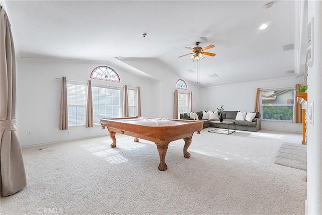 game room with ceiling fan, billiards, light colored carpet, lofted ceiling, and ornamental molding