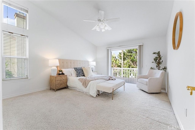 bedroom with carpet flooring, ceiling fan, high vaulted ceiling, and access to outside