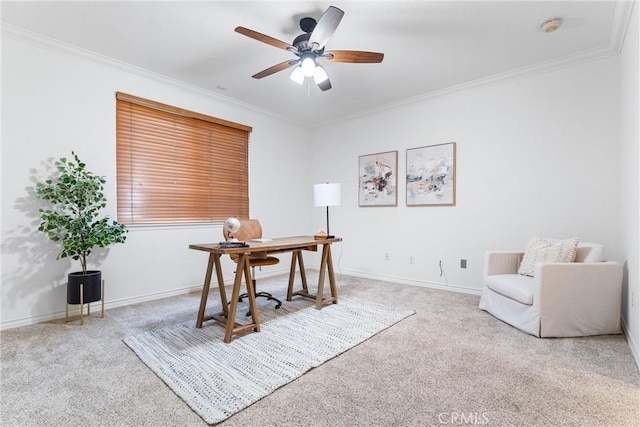 office with ceiling fan, light colored carpet, and ornamental molding