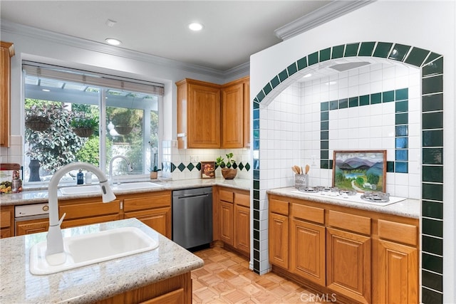 kitchen with white gas cooktop, sink, stainless steel dishwasher, ornamental molding, and light stone counters