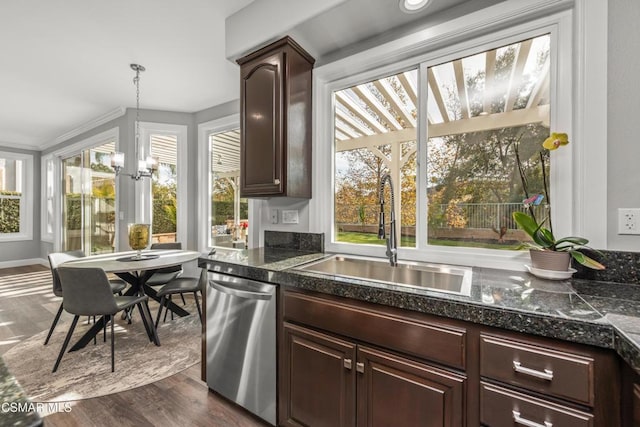 kitchen featuring pendant lighting, sink, dark wood-type flooring, dishwasher, and dark brown cabinetry