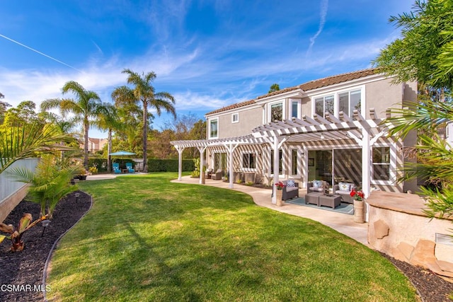 back of property featuring a patio, outdoor lounge area, a yard, and a pergola