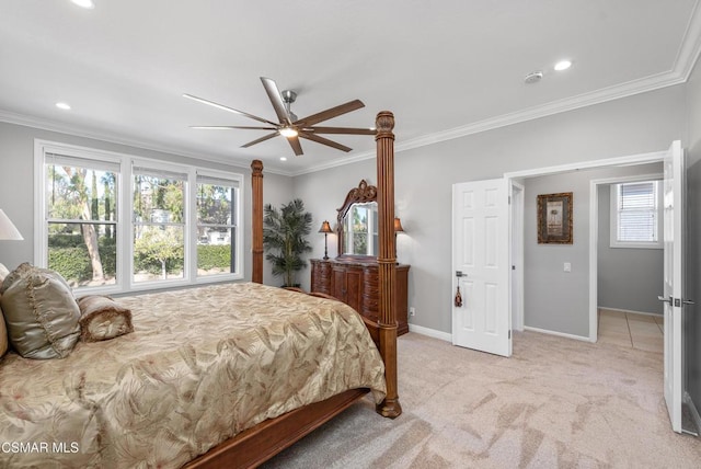 bedroom with light carpet, ornamental molding, and ceiling fan