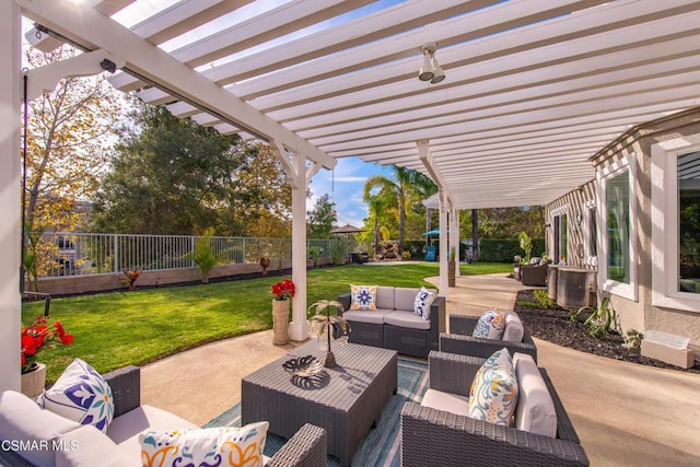 view of patio featuring an outdoor living space, central AC unit, and a pergola