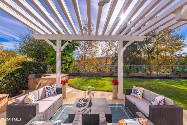 view of patio / terrace featuring outdoor lounge area and a pergola