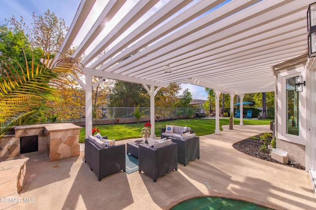 view of patio featuring an outdoor living space, area for grilling, and a pergola