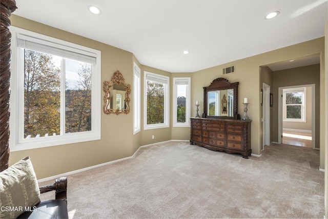 living area featuring plenty of natural light and light colored carpet