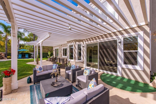 view of patio / terrace featuring outdoor lounge area and a pergola