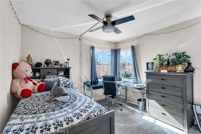 bedroom with ceiling fan and carpet