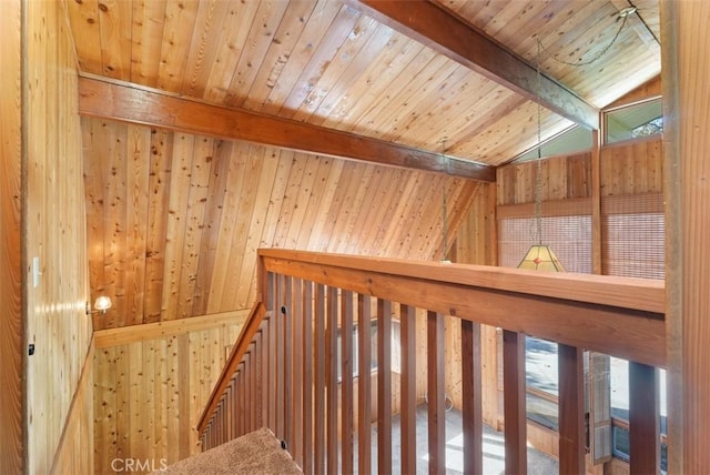 bonus room with vaulted ceiling with beams, wood walls, and wooden ceiling