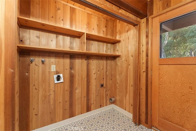 clothes washing area featuring electric dryer hookup and wooden walls