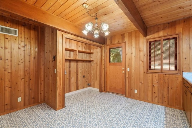 interior space featuring beamed ceiling, a notable chandelier, wood walls, and wood ceiling