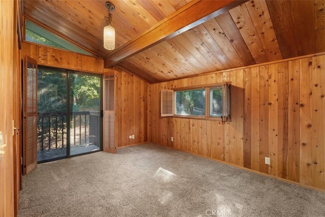 bonus room with vaulted ceiling with beams, a wealth of natural light, wooden walls, and wooden ceiling