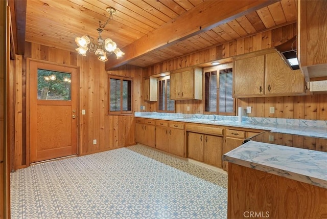 kitchen featuring sink, beam ceiling, decorative light fixtures, wooden ceiling, and wood walls