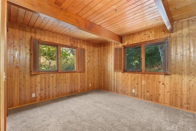 spare room with wood walls, beam ceiling, and wood ceiling