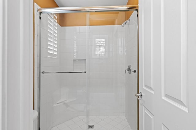 bathroom featuring a shower with shower door