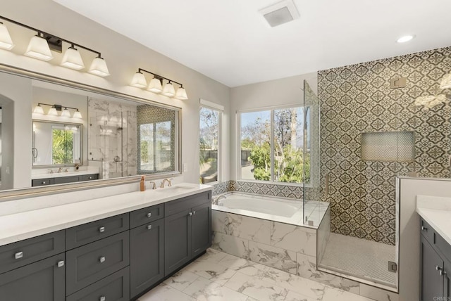 bathroom featuring vanity and separate shower and tub