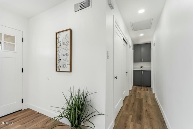 hall featuring dark wood-type flooring and sink