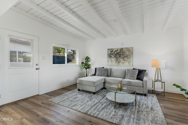 living room featuring wooden ceiling, lofted ceiling with beams, and dark hardwood / wood-style floors