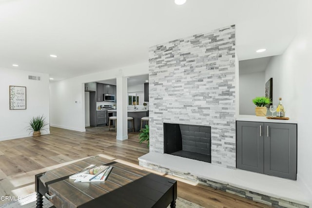 living room featuring a tile fireplace and wood-type flooring