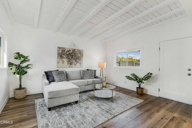 living room with beamed ceiling, dark wood-type flooring, and wood ceiling