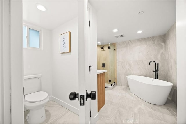 full bathroom featuring vanity, toilet, tile walls, and plus walk in shower