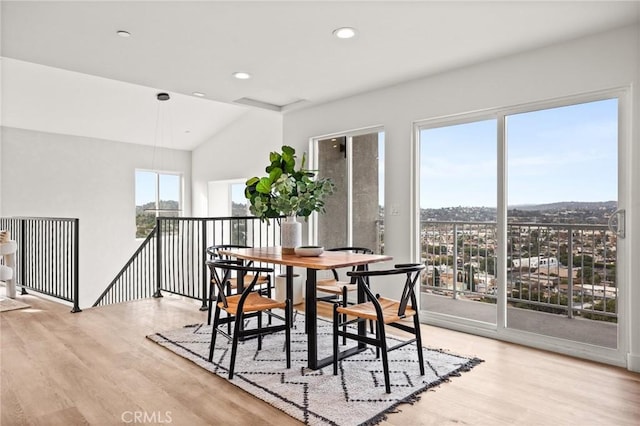 dining room featuring light hardwood / wood-style floors, plenty of natural light, and lofted ceiling