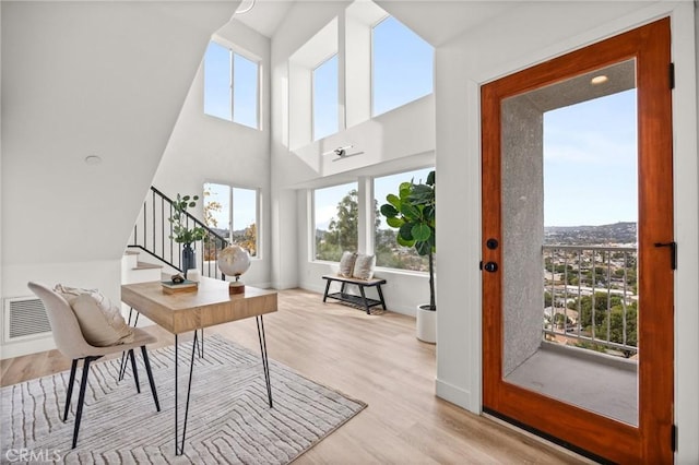 office space featuring a healthy amount of sunlight and light hardwood / wood-style floors