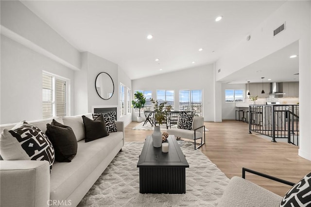 living room with high vaulted ceiling and light hardwood / wood-style flooring