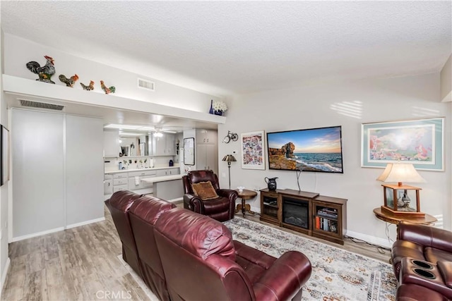 living room featuring a fireplace, light hardwood / wood-style flooring, and a textured ceiling