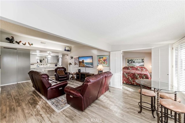 living room with a textured ceiling and light hardwood / wood-style floors