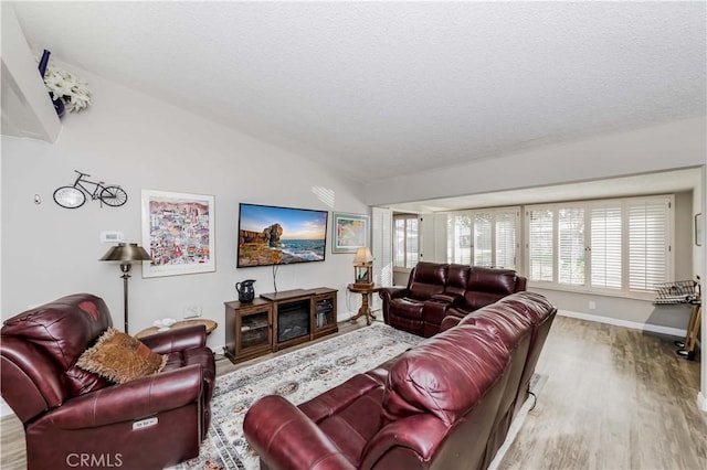 living room with hardwood / wood-style floors, a textured ceiling, and vaulted ceiling