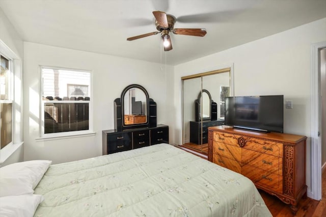 bedroom featuring dark hardwood / wood-style flooring, a closet, and ceiling fan