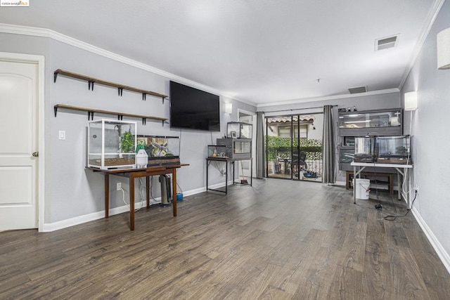 living room with dark wood-type flooring and ornamental molding