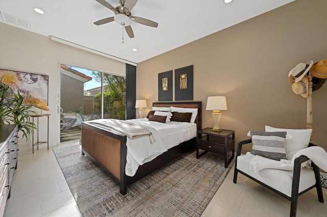 bedroom featuring access to outside and ceiling fan