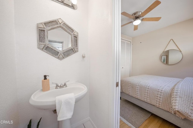 bathroom featuring wood-type flooring, ceiling fan, and sink