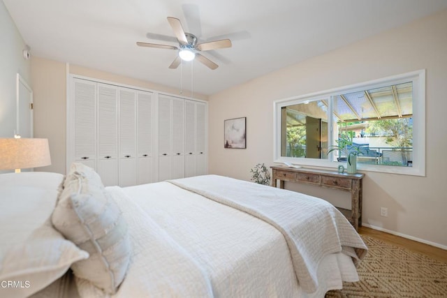 bedroom featuring ceiling fan and wood-type flooring